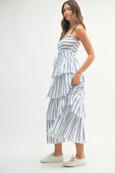 MABLE Pin Stripe Smocked Bodice Layered Midi Dress OutfitFlow